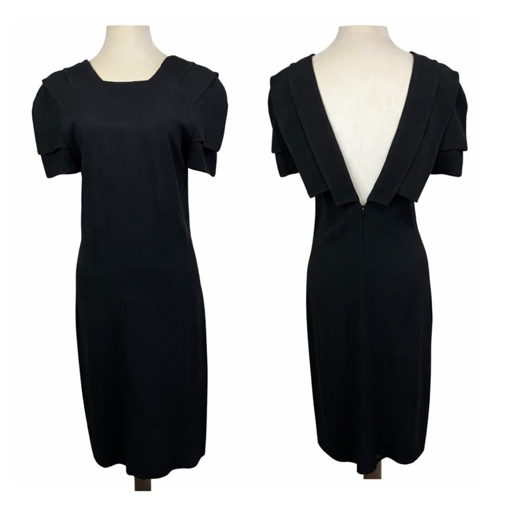 Allan Waller Black Sheath Dress | Deep V Back Architectural Shoulders |  Size 4